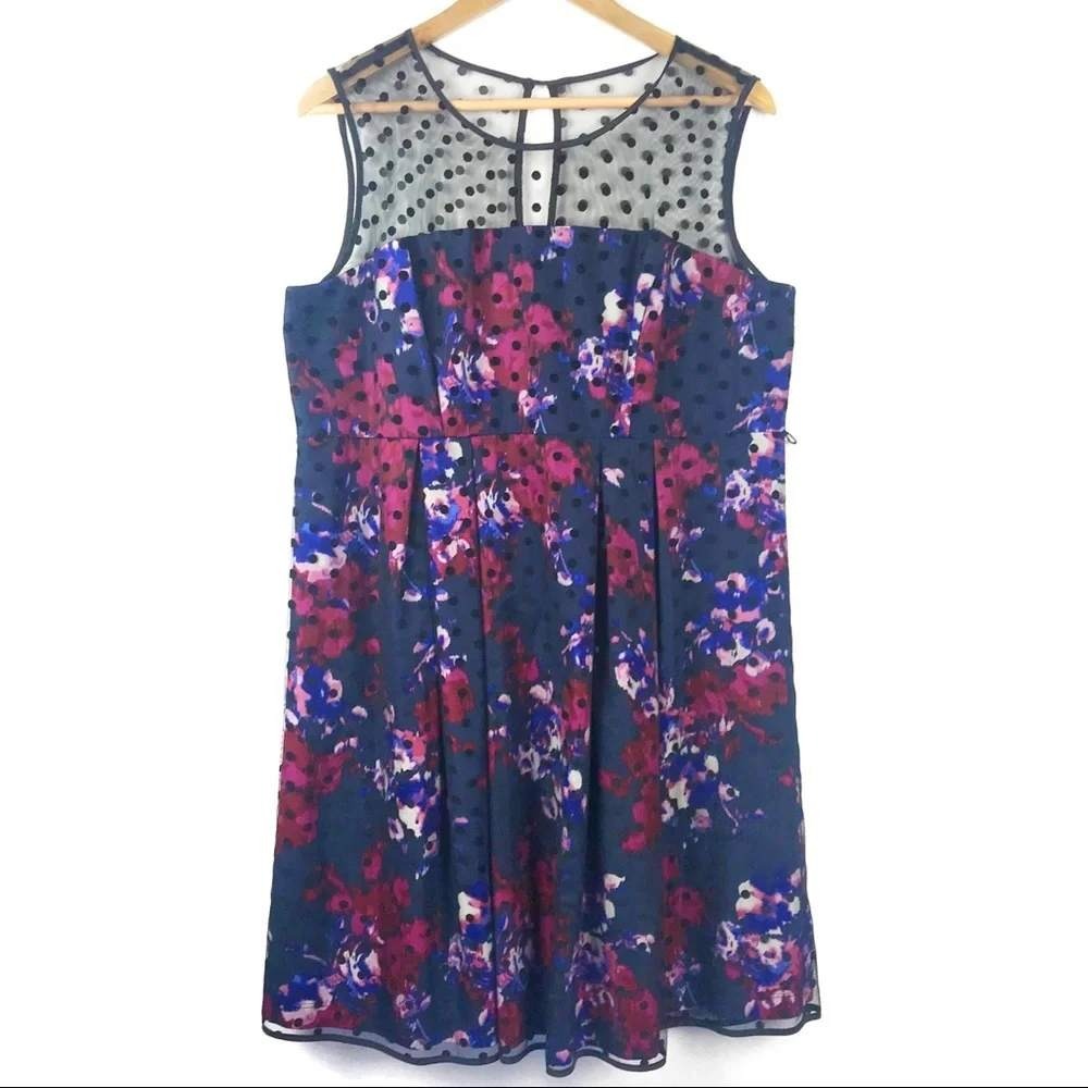 Motherhood Maternity Dress XL Blue Pink Floral Polka Dot Mesh Sleeveless